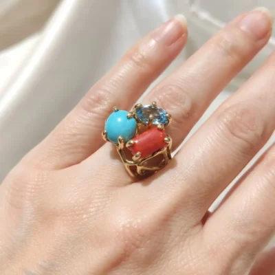 Anello in autentico Turchese dell'Arizona, coralloe topazio azzurro modello-numero 18 Anello in autentico Turchese dell'Arizona, coralloe topazio azzurro modello-numero 18